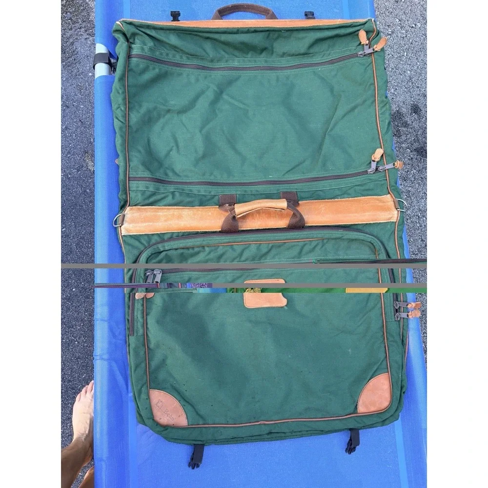 Vintage LL BEAN Green Canvas Leather Folding Garment Carrying Bag Travel